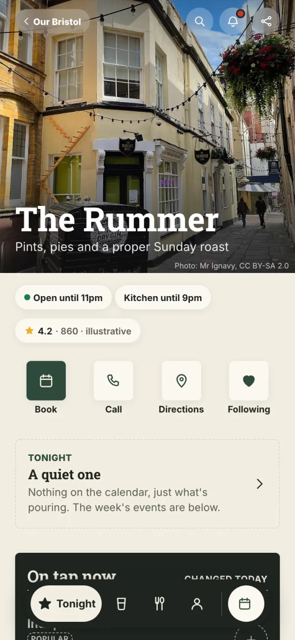 The Rummer’s own app inside Our Bristol: open now, book, call and directions