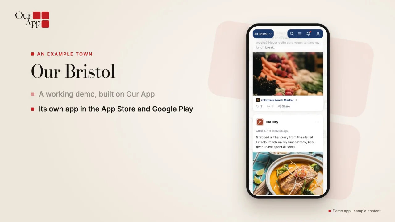 Our Bristol, an example town built on Our App, shown on a phone