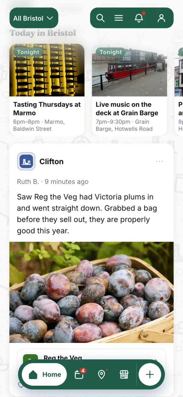 The same app in green, scrolled, with its header buttons filled in the town’s colour