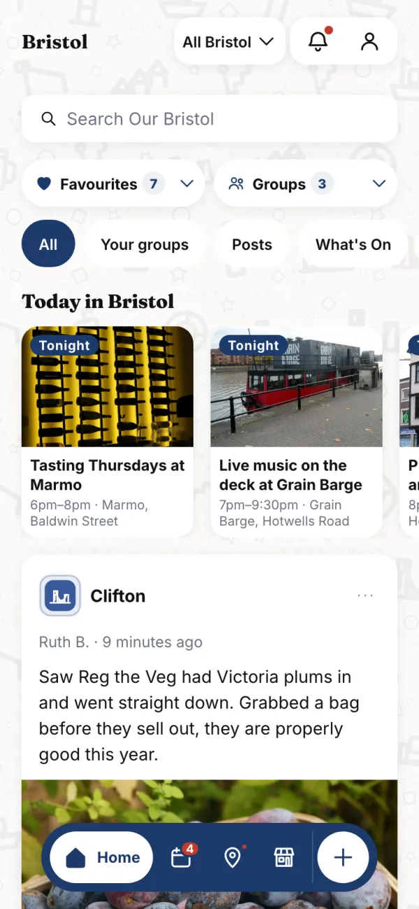 The Our Bristol home screen in navy